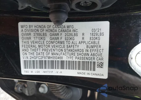 2021 Honda Civic Sport из США, поврежденный, VIN 2HGFC2F87MH550468